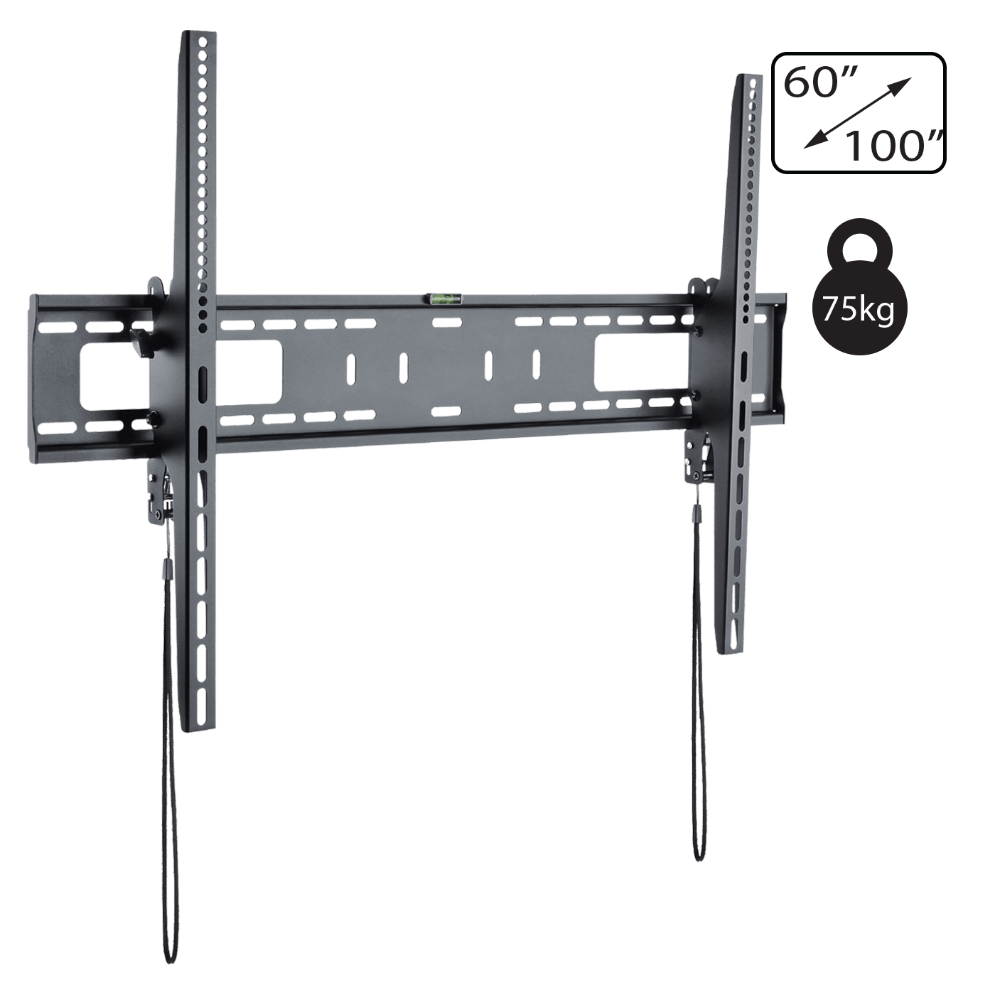 Crni zidni nosač za TV prijemnike veličine 60" do 100" sa nosivošću do 75 kg.